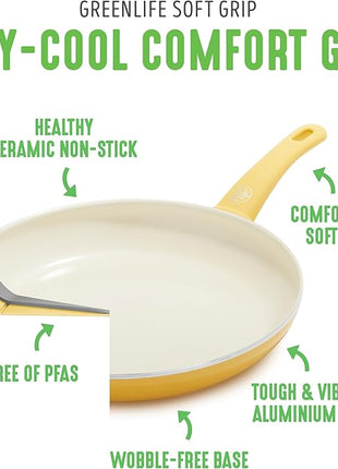 GreenLife Soft Grip Healthy Ceramic Nonstick, 12" Frying Pan Skillet with Lid, PFAS-Free, Dishwasher Safe, Yellow