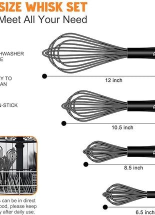 HOTEC 4 Pieces Silicone Whisks Set, Wire Balloon Whisks Egg Beater, Non-slip Handle Whisk for Non-stick Cookware Perfect for Cooking, Stirring, Beating and Blending (Black)