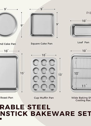 KITESSENSU Baking Pans Sets, Nonstick Bakeware Set 7-Piece with Round/Square Cake Pan, Loaf Pan, Muffin Pan, Cookie Sheet, Roast Pan, Cooling Rack, Carbon Steel Bake Set,Silver