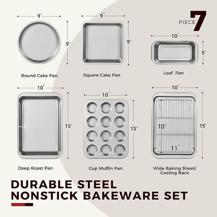 KITESSENSU Baking Pans Sets, Nonstick Bakeware Set 7-Piece with Round/Square Cake Pan, Loaf Pan, Muffin Pan, Cookie Sheet, Roast Pan, Cooling Rack, Carbon Steel Bake Set,Silver