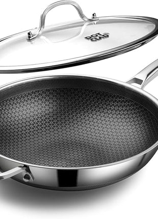 Wok pan,Hybrid 13 inch Wok with Lid, PFOA Free Cookware,non stick Stainless Steel Woks & Stir-fry pans Nonstick, Dishwasher and Oven Safe, Works on Induction