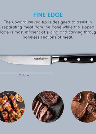 Messermeister Avanta 5” Fine Edge Steak Knife Set - German X50 Stainless Steel - Rust Resistant & Easy to Maintain - Includes 4 Steak Knives