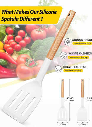 Pack of 2 Silicone Cooking Spatula, Heat Resistant Solid Turner, Non Stick Slotted Spatulas with Wooden Handle,Ideal Wood Kitchen Utensils Set for Frying, Baking, Flipping, Turning (WHITE)
