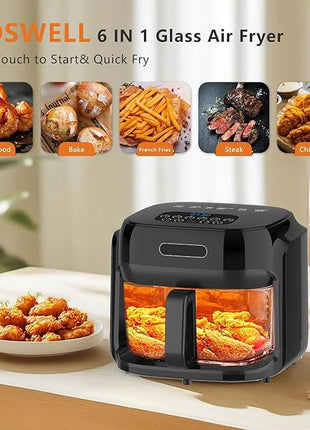 Glass Air Fryer, 7.5QT with Transparent Fry Bowl, Circulating Heating, Temperature Control, Air Fryer Roast, Dishwasher Safe (Black)