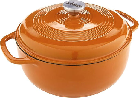 Lodge 6 Quart Enameled Cast Iron Dutch Oven with Lid – Dual Handles – Oven Safe up to 500° F or on Stovetop - Use to Marinate, Cook, Bake, Refrigerate and Serve – Apricot