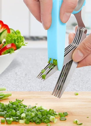 LHS Herb Scissors, Multipurpose 5 Blade Kitchen Herb Shears with Safety Cover, Kitchen Scissors for Chopping Basil Chive Parsley -Blue
