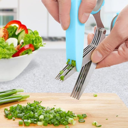LHS Herb Scissors, Multipurpose 5 Blade Kitchen Herb Shears with Safety Cover, Kitchen Scissors for Chopping Basil Chive Parsley -Blue