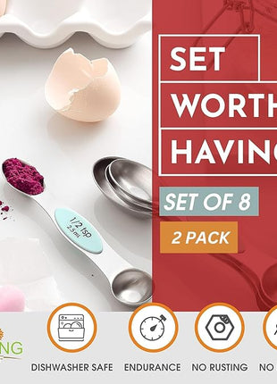 Spring Chef Stainless Steel Magnetic Measuring Spoons Set of 8 with Leveler, Metal Teaspoon & Tablespoon Measuring Spoons, Fits in Spice Jars, Kitchen Gadgets for Baking & Cooking - Set of 2 - Mint