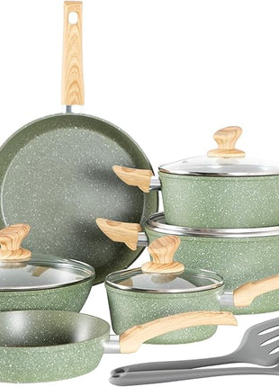 Kitchen Academy Non Toxic Pots and Pans Set Non Stick - 12 Piece Induction Cookware Sets, Green Granite Nonstick Cooking Pot and Pan Set, PFOA&PFOS Free