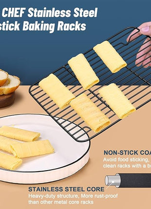 P&P CHEF Cooling Baking Rack Pack of 2, Stainless Steel Cooling Racks for Cooking Baking Roasting Grilling Drying, Dense Wires & Smooth Edge, Easy to clean, Black, 9.7" x 7.3"