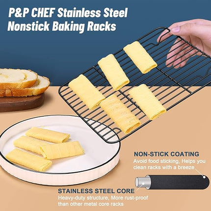 P&P CHEF Cooling Baking Rack Pack of 2, Stainless Steel Cooling Racks for Cooking Baking Roasting Grilling Drying, Dense Wires & Smooth Edge, Easy to clean, Black, 8.6" x 6.2"