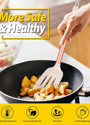 Pack of 2 Silicone Solid Turner, Non Stick Slotted Kitchen Spatulas, High Heat Resistant BPA Free Cooking Utensils, Ideal Cookware for Fish, Eggs, Pancakes(Rose Gold Khaki)