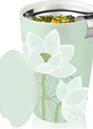 Tea Forte Double-Walled Ceramic Kati Cup, Removable Stainless Steel Infuser Basket and Lid, Steeps 12 oz Loose Leaf Tea, Dishwasher & Microwave Safe, Lotus