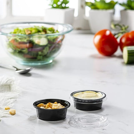 (1.5 oz - 100 Sets) Black Diposable Plastic Portion Cups With Lids, Small Mini Containers For Portion Controll, Jello Shots, Meal Prep, Sauce Cups, Slime, Condiments Disposable Souffle Cups