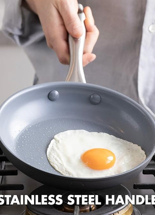 GreenPan Lima Hard Anodized 10" Frying Pan Skillet, Wood Spatula, Ceramic Nonstick, PFAS-Free Nontoxic Pots and Pans, Oven & Broiler Safe, Stainless Steel Handle, Cookware for Eggs & Omelet, Gray