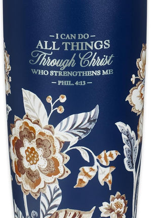 Christian Art Gifts Stainless Steel Scripture Tumbler Travel Mug for Women: All Things Through Christ Inspirational Bible Verse, Double-wall Vacuum Insulated w/Lid Hot/Cold, Navy Blue Floral, 18oz.