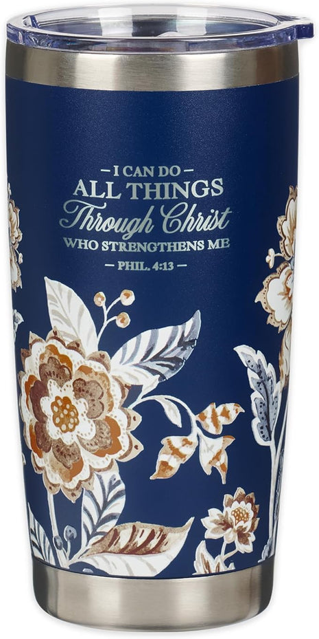 Christian Art Gifts Stainless Steel Scripture Tumbler Travel Mug for Women: All Things Through Christ Inspirational Bible Verse, Double-wall Vacuum Insulated w/Lid Hot/Cold, Navy Blue Floral, 18oz.