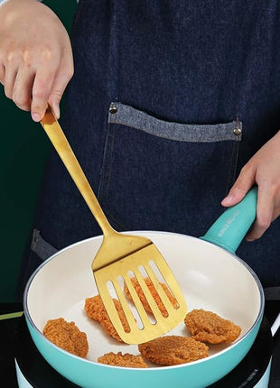 Gold Spatulas, Berglander Slotted Turner Titanium Gold Plating, Metal Turner For Cooking, Kitchen Barbecue Spatulas, Dishwasher Safe, Easy to Clean