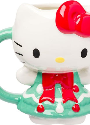 Silver Buffalo Sanrio Hello Kitty Holiday Christmas Tree Dress 3D Sculpted Ceramic Mug, 20 Ounces