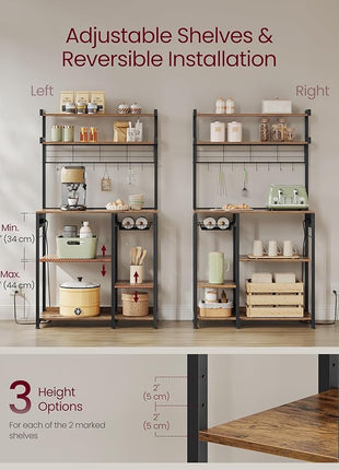 VASAGLE Bakers Rack with Power Outlet, 35.4 Inches Microwave Stand, Coffee Bar, 4 AC Outlets, with Adjustable Shelves, 8 S-Hooks, Basket, Spice Racks, Rustic Brown and Ink Black UKKS031K01