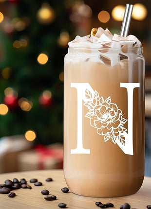 Coolife Initial Glass Cup, Monogrammed Gifts for Women, 16 oz Glass Cups w/Lids Straws, Iced Coffee Smoothie Beer Tumbler w/Straw Lid - Personalized Christmas, Birthday Gifts for Her Mom Friend Woman