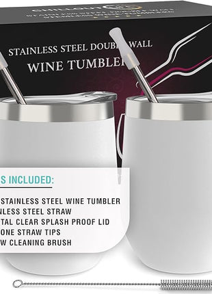CHILLOUT LIFE 12 oz Stainless Steel Wine Tumblers 2 Pack - Double Wall Vacuum Insulated Wine Glasses Cups with Lids and Straws Set Keeping Cold & Hot for Coffee, Beer, Ice Cream - Powder Coated White