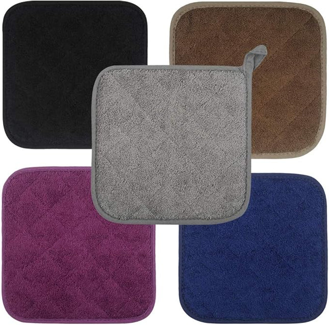 100% Cotton Kitchen Everyday Basic Terry Pot Holder Heat Resistant Coaster Potholder for Cooking and Baking Set of 5 (Multi Color 2, Potholder)