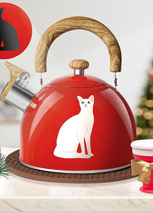 ARC Stainless Steel Red Whistling Tea Kettle, Magic Color Changing Design 2-Quart Stovetop Kettle Whistle Teapot with Folding Cup & Trivet Mat
