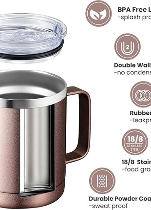 MEWAY 12oz Coffee Mug With Handle 4 Pack Bulk,Stainless Steel Insulated Travel Tumblers With Sliding Lid,Double Wall Vacuum Camping Cup for Hot & Cold Drinks Tea (Rose Gold,Set of 4)