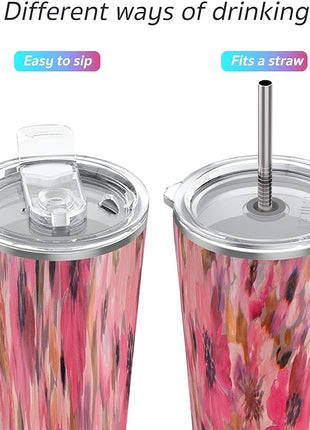 THILY Vacuum Insulated Stainless Steel Tumbler Travel Mug 26 oz Coffee Cup with 2 Lids and Straws, Splash Proof, Reusable, Keep Iced Drinks Cold, Watercolor Flower