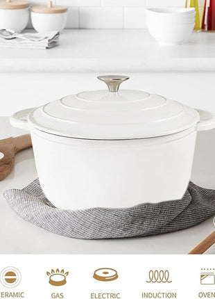 Dutch Oven,Cast Iron Dutch Ovens,Dutch Oven Pot with Lid,3 QT Enamel Dutch Pot,Dutch Ovens with Dual Handles,Cast Iron Pot for Braiser,Cooking,Gifts for Family,White