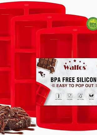 Walfos Mini Silicone Brownie Pan - 3 Piece 6-Cavity Non-stick Square Baking Pan, Perfect for Mini Brownies, Cornbread, Muffin and Cakes, BPA Free and Dishwasher Safe