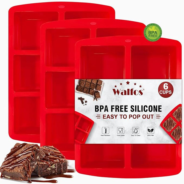Walfos Mini Silicone Brownie Pan - 3 Piece 6-Cavity Non-stick Square Baking Pan, Perfect for Mini Brownies, Cornbread, Muffin and Cakes, BPA Free and Dishwasher Safe