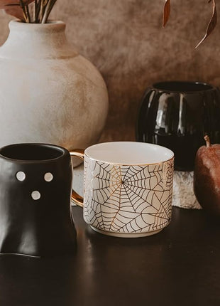 Sweet Water Decor Gold Spiderwebs Mug, 14oz Fine Bone China Coffee Cup with Gold Handle, Cute Halloween Decorations for Home, Spider Web Mug Fall Seasonal Decor, Spooky Season Gifts for Women