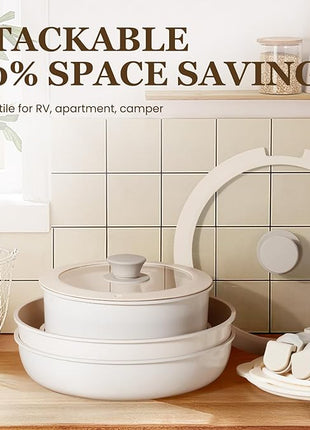 KIKCOIN Ceramic Cookware Set, 20 Pack Nonstick Pots and Pans Set with Detachable Handles, Healthy Frying Pans, Induction Dishwasher Oven Safe Kitchen Set, PFAS PFOA & PTFE Free