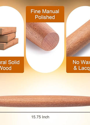 AISOSO French Rolling Pin, 15.75 Inches Wood Rolling Pins for Baking, Extra Long Classic Wooden Dough Roller for Fondant Pizza Pie Crust Cookie Pastry, Kitchen Baking Essentials, Brown