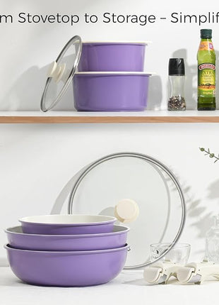 15Pcs Pots and Pans Set Non Stick, Cookware Sets with Detachable Handle, Nonstick RV Kitchen Cooking Tools Removable Handles, Oven Safe, Induction Fast, Stackable Induction Cookware, Purple