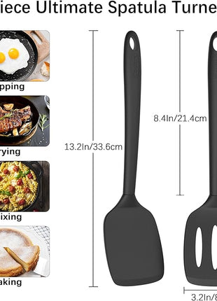 Coukre 2 Pack Silicone Spatula Set, High Heat Resistant, BPA Free Kitchen Spatula, Solid & Slotted Turner for Non-Stick Pans, Sautéing, and Flipping (2, PureBlack)