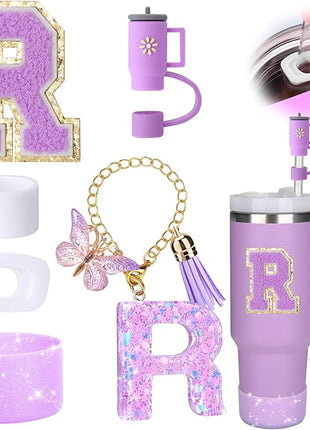 Mity rain 6PCS Cup Accessories Set for Stanley Cup 30oz 40oz tumbler with handle, Including Silicone Straw Topper Cover Cap and Boot, Spill Proof Stopper, Handle Charm, Initials Sticker (Letter R)
