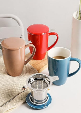 Sweejar Porcelain Tea Infuser Mug with Lid, 16 oz Teacup with Strainers for Loose Leaf Tea, Microwave and Dishwasher Safe Coffee Mug(Fog blue)