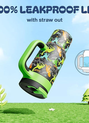 24 oz Kids Tumbler with Straw for Boys: Leakproof, Cold for 26 Hrs, Hot for 10 Hrs, Durable Handle, Insulated Stainless Steel Cup for Daycare, School, Classroom, Playtime, Birthday, Gift (Dino Rawr）