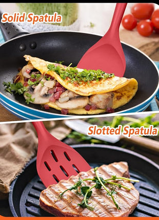 Pack of 2 Silicone Spatula, Non Stick Cooking Utensil Set Wooden Handle Kitchen Turner for Baking Mixing Grilling Serving Food Heat Resistant Non Scratch Hooks Included (Red)