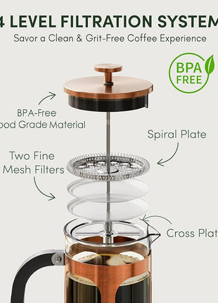 BAYKA 34oz 1 Liter French Press Coffee Maker,Mothers Day Gifts for Mom,Coffee Lover Gift,Heat Resistant Thickened Borosilicate Glass Stainless Steel Brewer,Cold Brew Cafetera Teapot for Kitchen,Copper
