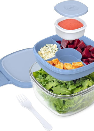 Bentgo Glass All-in-One Salad Container - Large 61-oz Salad Bowl with Lid, 4-Compartment Bento-Style Tray, 3-oz Sauce Container, and Reusable Fork - Dishwasher, Microwave, and Oven Safe (Light Blue)