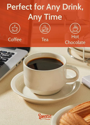 Sweese Porcelain Cappuccino Cups Set - 8 oz Stackable Coffee Mugs with Saucers, Metal Stand, Dove Grey, Set of 4