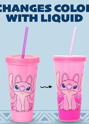 Silver Buffalo Disney Lilo and Stitch Angel Coconut Flowers 2 Pack Color Change Plastic Tumbler, 24-Ounce