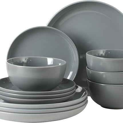 Gibson Home Rockaway 12 Piece Plates and Bowls Matte Outside/Shiny Inside Glaze Service for 4 Dinnerware Set - Blue - Dishwasher and Microwave Safe