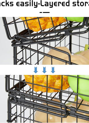 X-cosrack 3-Tier Stackable Wire Baskets for Pantry Organization and Storage, Kitchen Counter Basket for Potato Onion Storage, Fruit and Vegetable Storage Basket, Metal Baskets for Snack Produce Cans