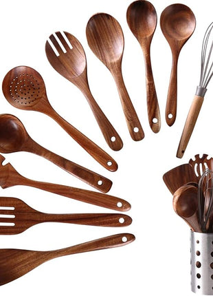 Wooden Kitchen Utensils Set with Holder, NAYAHOSE 11 Pcs Teak Wooden Cooking Spoons and Spatulas with Stainless Steel Storage Barrel