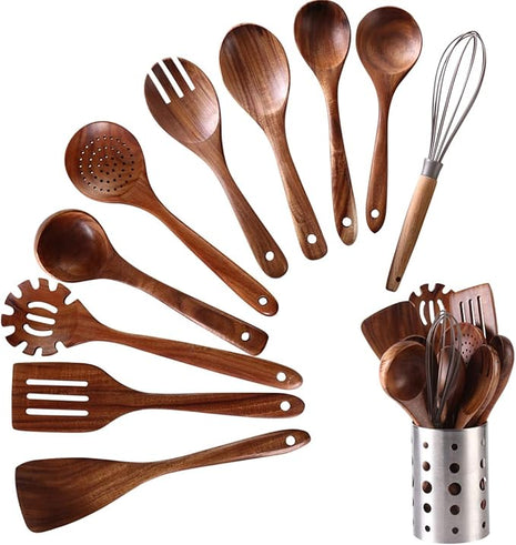Wooden Kitchen Utensils Set with Holder, NAYAHOSE 11 Pcs Teak Wooden Cooking Spoons and Spatulas with Stainless Steel Storage Barrel